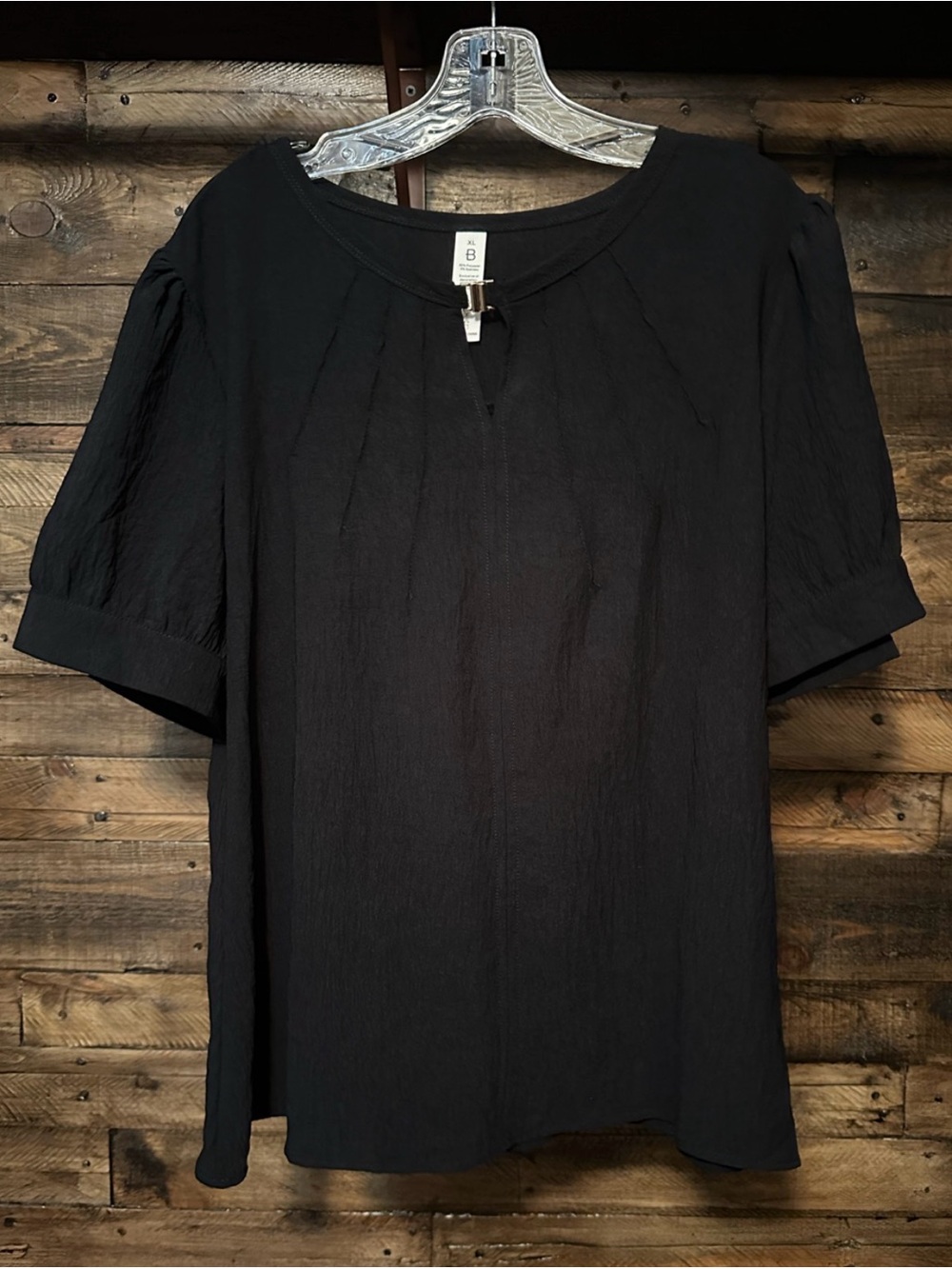 Modern Black Short Sleeve Blouse Pleated Neckline Top